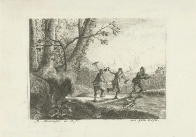 Landschap met drie dansende boeren