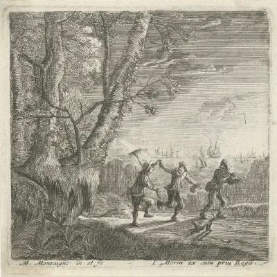 Landschap met drie dansende boeren