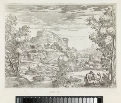 Landschap met drie dobbelende mannen