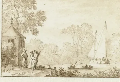 Landschap met drie figuren aan de oever van een water