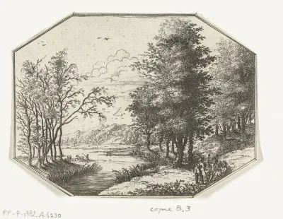 Landschap met drie figuren bij een meer