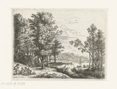 Landschap met drie figuren bij een meer