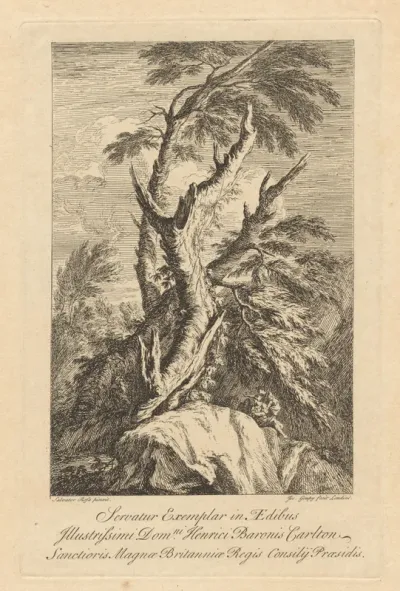 Landschap met drie figuren onder een gevelde boom
