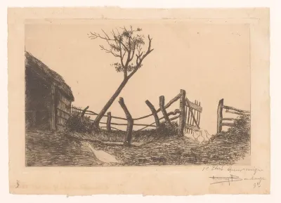 Landschap met drie ganzen bij een vervallen hekwerk
