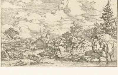 Landschap met drie geiten aan het water