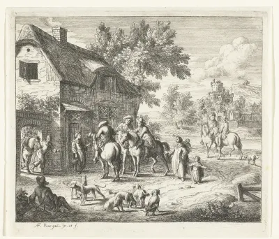 Landschap met drie jagers te paard en honden voor herberg