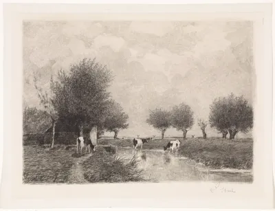 Landschap met drie koeien bij een sloot