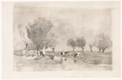 Landschap met drie koeien bij een sloot