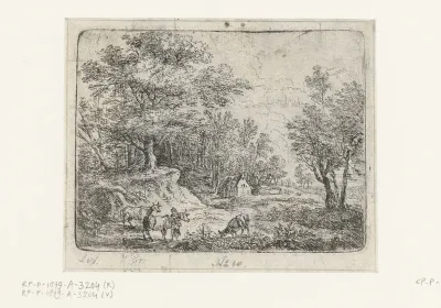 Landschap met drie koeien en een vrouw