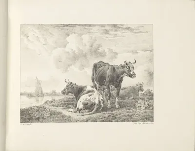 Landschap met drie koeien en een zeilboot