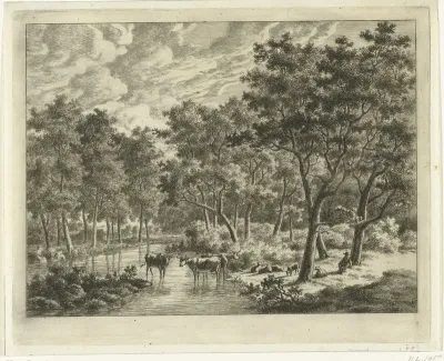 Landschap met drie koeien in een plas, rechts leunt een herder tegen een boom