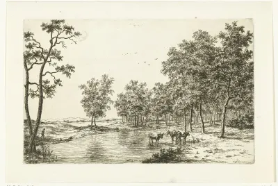 Landschap met drie koeien in een plas