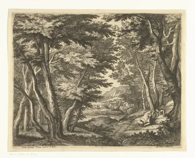 Landschap met drie mannen bij een open plek in het bos