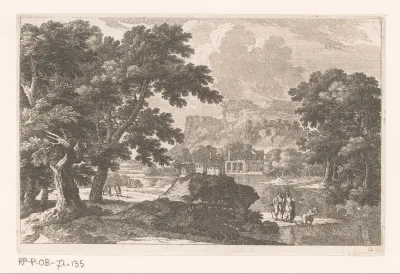 Landschap met drie mannen bij een rivier