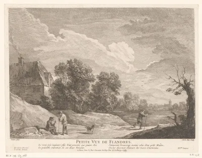 Landschap met drie mannen en een hond bij een huis