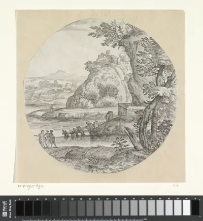 Landschap met drie mannen in gesprek