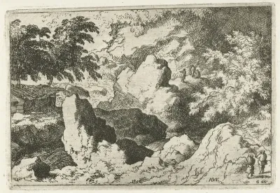 Landschap met drie mannen op een rots