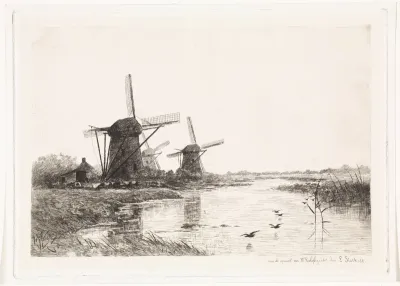 Landschap met drie molens langs een vaart