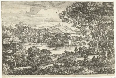 Landschap met drie personen aan een pad