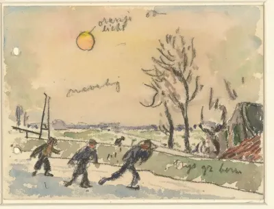 Landschap met drie schaatsers op een vaart