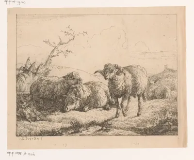 Landschap met drie schapen en een ram
