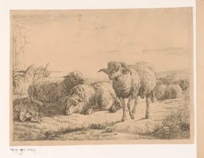 Landschap met drie schapen en een ram