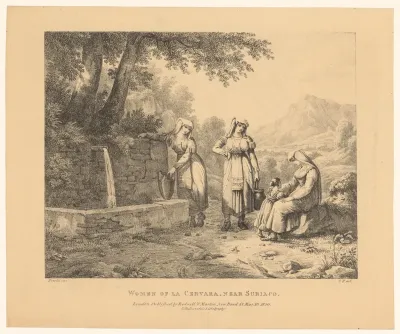 Landschap met drie vrouwen en een kind bij een waterbron