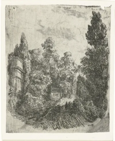 Landschap met drie wandelaars op een weg
