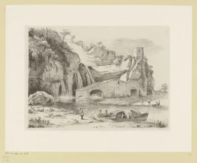 Landschap met drie watervallen bij een watermolen