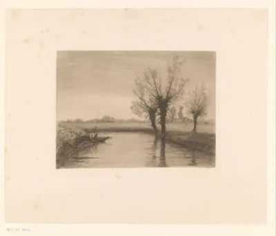 Landschap met drie wilgen langs een beek en een vissersboot op het water