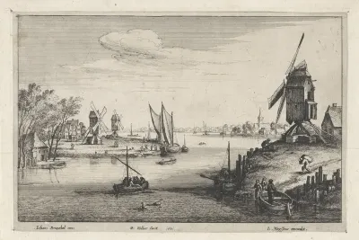 Landschap met drie windmolens langs een rivier