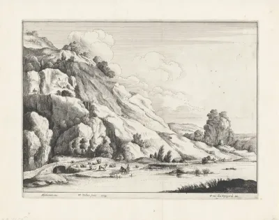 Landschap met drinkend vee bij een stenen brug