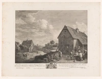 Landschap met drinkende en rokende mannen op het erf van een herberg