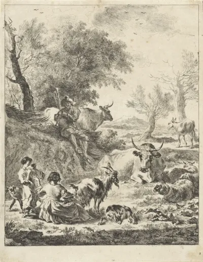 Landschap met drinkende jongen en doedelzakspeler