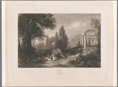 Landschap met dromedarissen, ruïnes en slapende mannen
