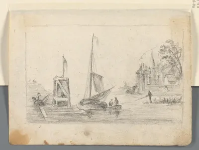 Landschap met een aangemeerde zeilboot
