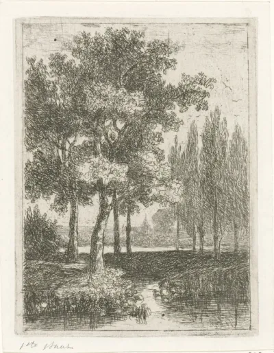 Landschap met een beekje en populieren