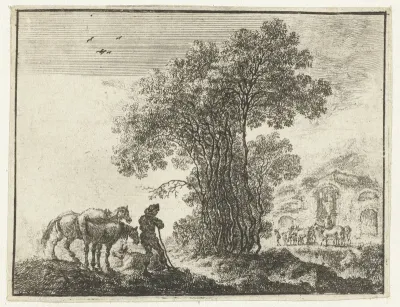 Landschap met een boer en twee paarden