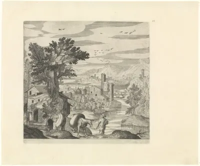 Landschap met een boer en zijn ezel