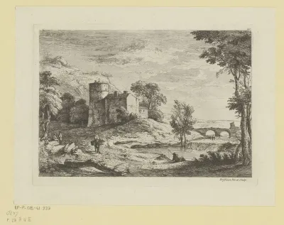 Landschap met een boer op een ezel en een visser aan een rivier met stenen brug