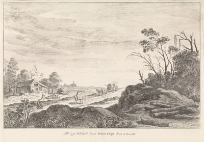 Landschap met een boerderij aan een weg