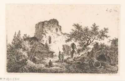 Landschap met een boerderij bij een ruïne
