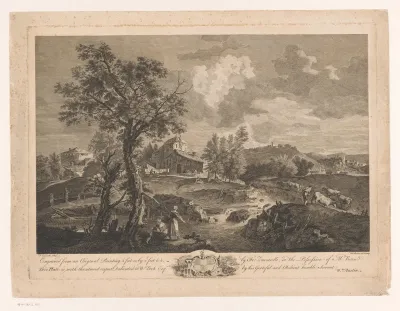 Landschap met een boerderij en vee