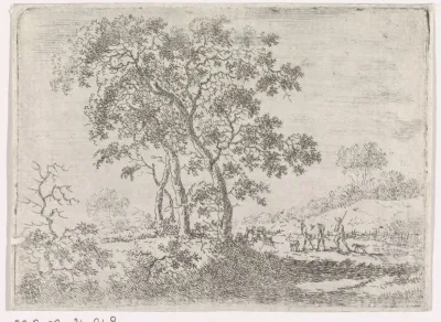 Landschap met een bomengroep langs een weg