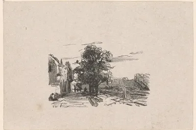 Landschap met een bomenrij en huizen