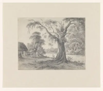 Landschap met een boom en hut met paard en wagen en twee figuren