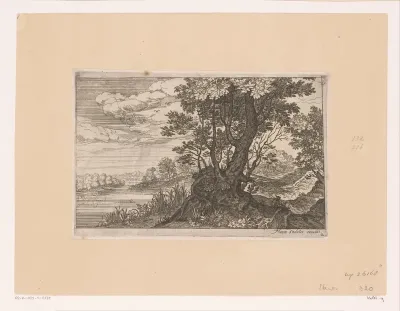Landschap met een boom tussen een rivier en een weg