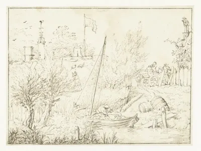 Landschap met een bootje, huizen en een kar