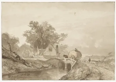 Landschap met een brug met daarop een hooiwagen