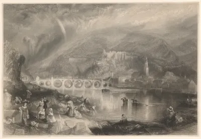 Landschap met een brug over een rivier en wassende vrouwen aan de oever